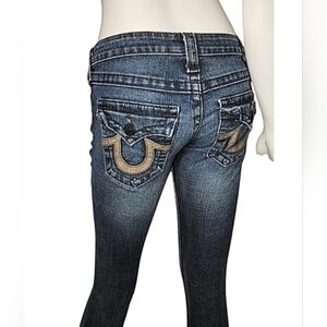 True Religion Joey L Super Straight Leg Jeans, Tan Horseshoe Embroidery Size 24